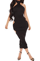 Halter Neck Sexy Hollow Out Ruffle Pure Color Midi Dress Q778
