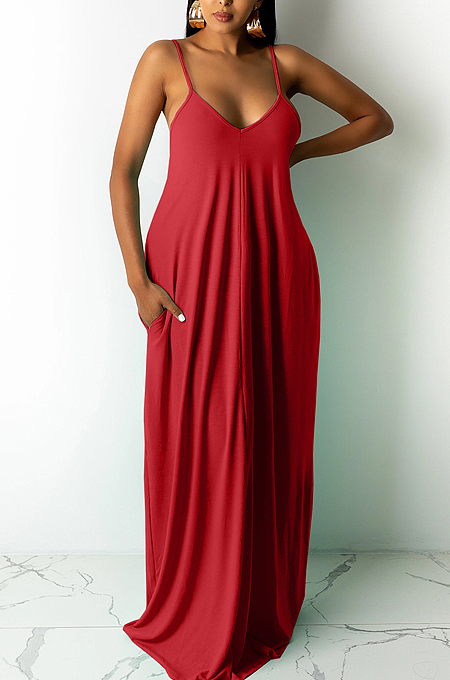 Euramerican Pure Color Loose Sling Dress Have A Pocket ARM8267