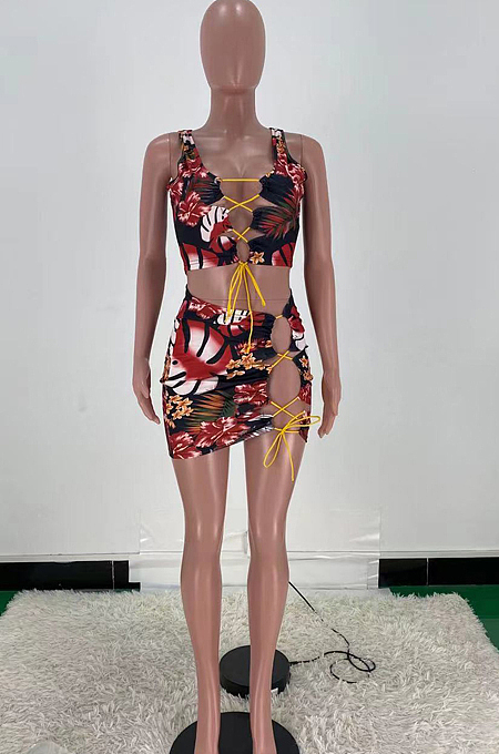 Summer DigItal Prining Sleeveless Short Skirt Knotted Strap Two-Piece ARM8271