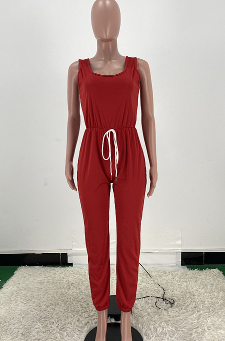 Women Pure Color Vest Drawstint Loose Casual Jumpsuit ARM8272
