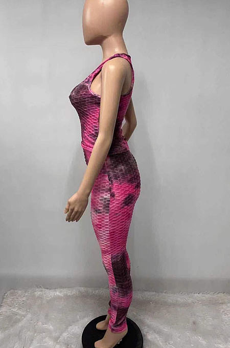 Waffle Yoga Suit Casual Vest Tie Dye Long Pants Two-Pieces Q831