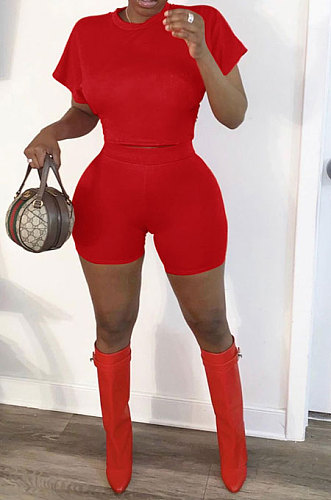 Women Sport Trendy Short Sleeve Pure Color Shorts Sets Q805