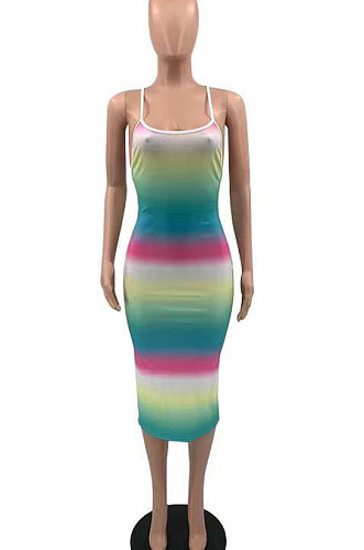 Temperament Commuter Pit Bar Printing Gallus Midi Dress KKY8029