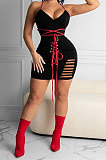 Women Gallus V Neck Bind Sexy Hurnt Flower Mini Dress KKY8025