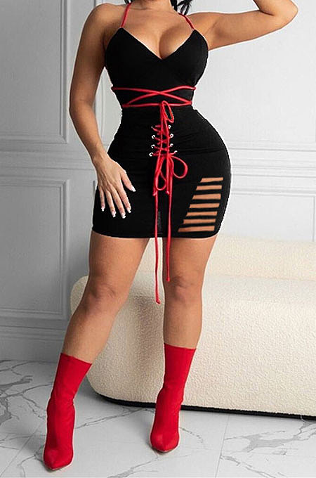 Women Gallus V Neck Bind Sexy Hurnt Flower Mini Dress KKY8025