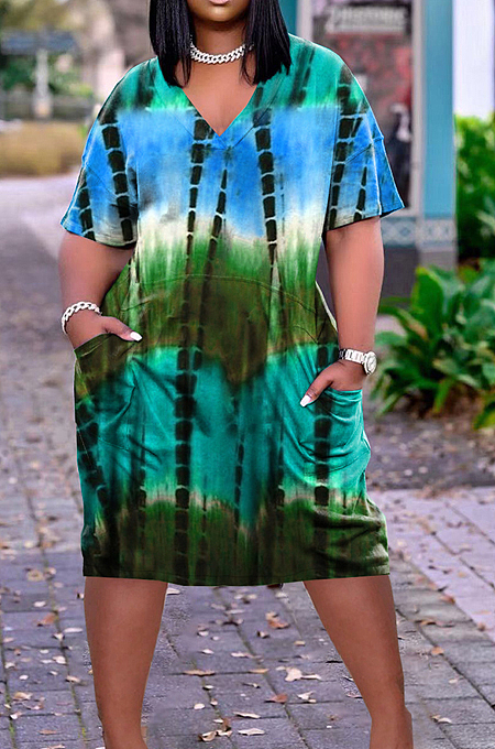 Casual Tie Dye Print Loose V Neck Dress ARM8270