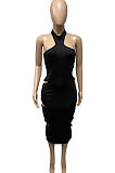 Halter Neck Sexy Hollow Out Ruffle Pure Color Midi Dress Q778