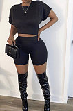 Women Sport Trendy Short Sleeve Pure Color Shorts Sets Q805