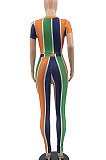 Color Stripe Screw Thread Short Sleeve Knotted Strap Pants Sets MLM9059
