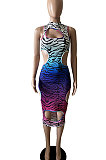 Trendy Sexy Gradual Change Leopard Hole Midi Dress GHH029