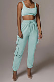 Casual Pure Color Pocket Knotted Strap Long Pants Soprt Vest Two-pieces QLY95013