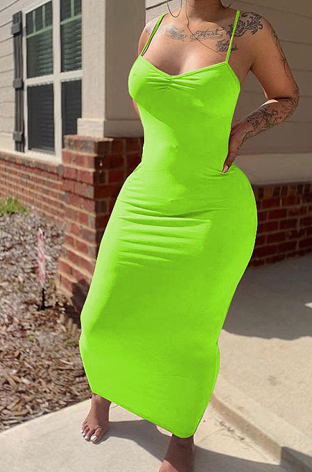 Pure Color Ruffle V Neck Gallus Cultivate One's Morality Sexy Long Dress MLM9058