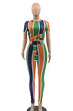 Color Stripe Screw Thread Short Sleeve Knotted Strap Pants Sets MLM9059