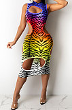 Trendy Sexy Gradual Change Leopard Hole Midi Dress GHH029
