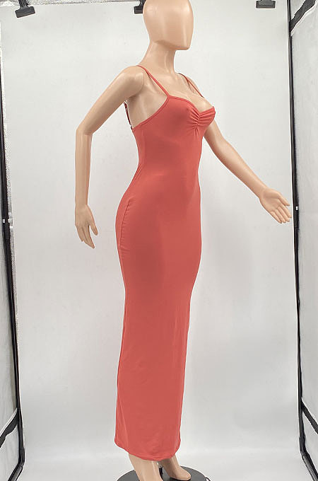 Pure Color Ruffle V Neck Gallus Cultivate One's Morality Sexy Long Dress MLM9058