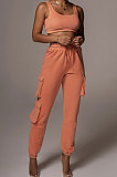 Casual Pure Color Pocket Knotted Strap Long Pants Soprt Vest Two-pieces QLY95013