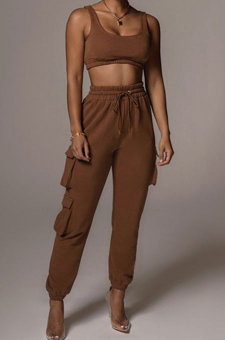 Casual Pure Color Pocket Knotted Strap Long Pants Soprt Vest Two-pieces QLY95013