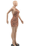 Backless Knotted Strap Drawsting Halter Neck Printing Sexy Trendy Cultivate One‘s Morality Mini Dress MLM9051