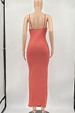 Pure Color Ruffle V Neck Gallus Cultivate One's Morality Sexy Long Dress MLM9058