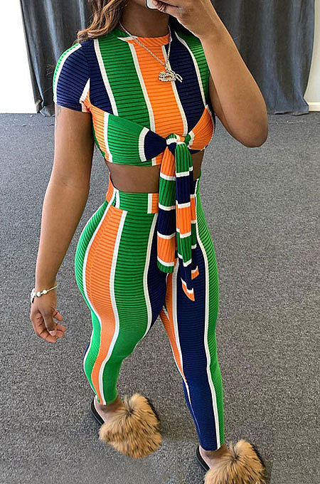 Color Stripe Screw Thread Short Sleeve Knotted Strap Pants Sets MLM9059