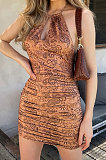 Backless Knotted Strap Drawsting Halter Neck Printing Sexy Trendy Cultivate One‘s Morality Mini Dress MLM9051