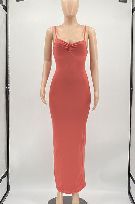 Pure Color Ruffle V Neck Gallus Cultivate One's Morality Sexy Long Dress MLM9058