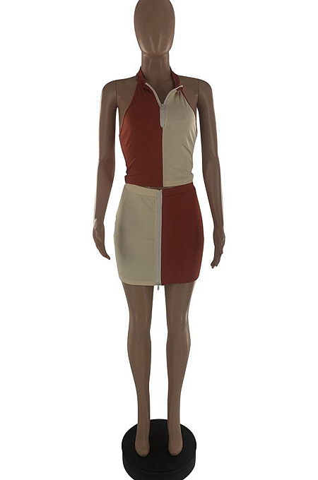 Summer Fashion Spliced Zipper Sexy Two-Piece S6282