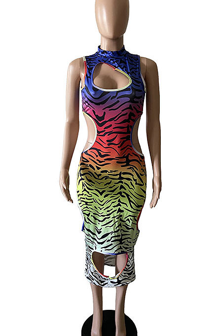 Trendy Sexy Gradual Change Leopard Hole Midi Dress GHH029