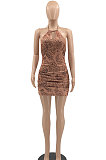 Backless Knotted Strap Drawsting Halter Neck Printing Sexy Trendy Cultivate One‘s Morality Mini Dress MLM9051