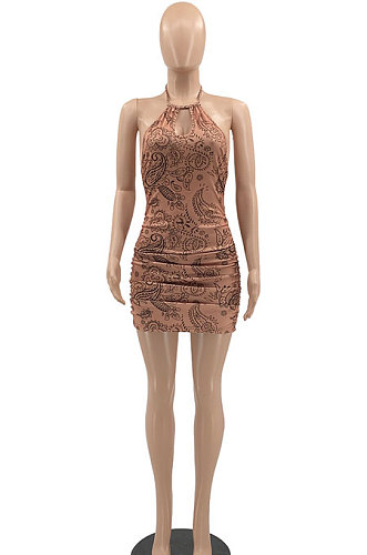 Backless Knotted Strap Drawsting Halter Neck Printing Sexy Trendy Cultivate One‘s Morality Mini Dress MLM9051