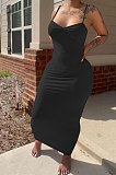 Pure Color Ruffle V Neck Gallus Cultivate One's Morality Sexy Long Dress MLM9058