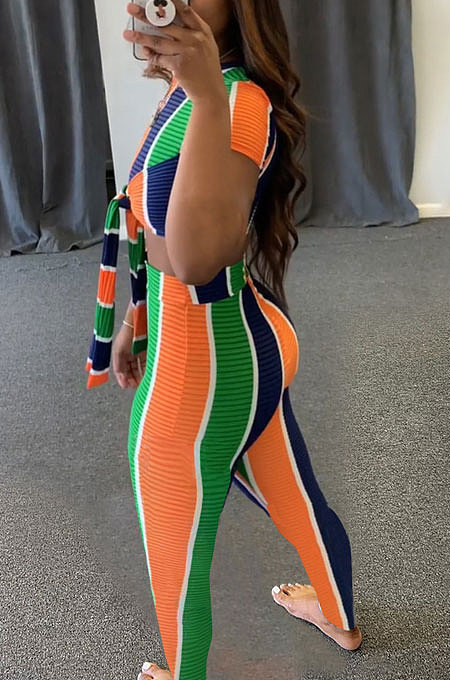 Color Stripe Screw Thread Short Sleeve Knotted Strap Pants Sets MLM9059