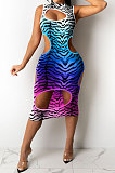 Trendy Sexy Gradual Change Leopard Hole Midi Dress GHH029