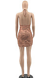 Backless Knotted Strap Drawsting Halter Neck Printing Sexy Trendy Cultivate One‘s Morality Mini Dress MLM9051