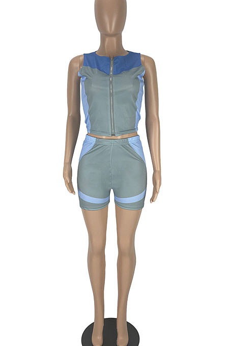 Casual Printing Zipper Sleeveless Sport Shorts Sets LL6325