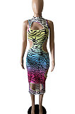 Trendy Sexy Gradual Change Leopard Hole Midi Dress GHH029