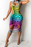 Trendy Sexy Gradual Change Leopard Hole Midi Dress GHH029