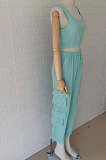 Casual Pure Color Pocket Knotted Strap Long Pants Soprt Vest Two-pieces QLY95013