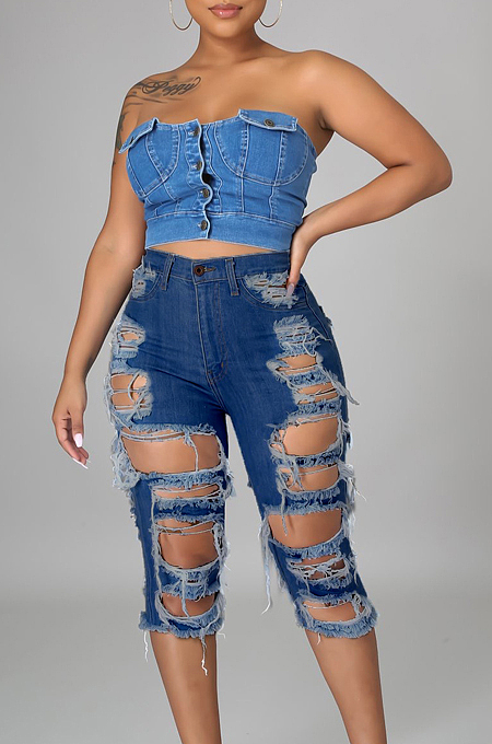 Euramerican High Waist Hole Water Washing Jeans LA3267