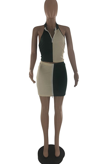 Summer Fashion Spliced Zipper Sexy Two-Piece S6282