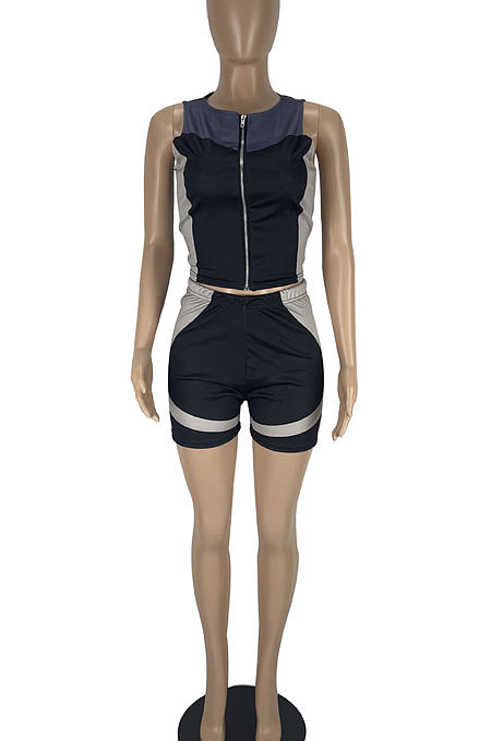 Casual Printing Zipper Sleeveless Sport Shorts Sets LL6325