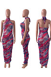 Sexy Women Net Yarn Sleeveless Shirred Detail Printing Long Dress NK235