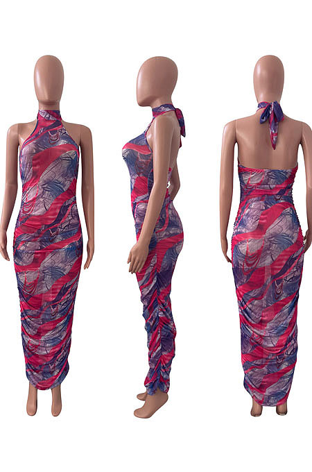 Sexy Women Net Yarn Sleeveless Shirred Detail Printing Long Dress NK235
