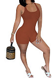 Pure Color Screw Thread Mid Waist Romper Shorts NK240