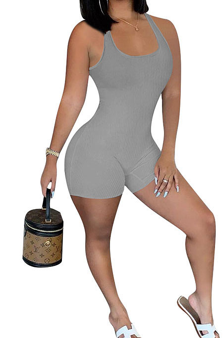 Pure Color Screw Thread Mid Waist Romper Shorts NK240