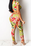 Trendy Casual Letter Printing Sexy Bind Short Sleeve Long Pants Sets KY3060