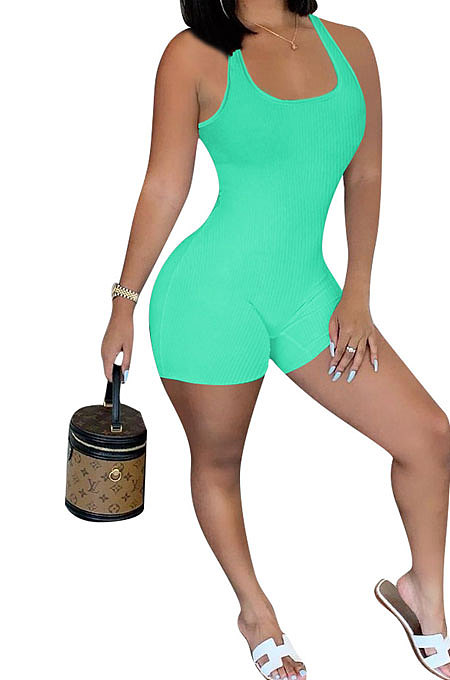 Pure Color Screw Thread Mid Waist Romper Shorts NK240
