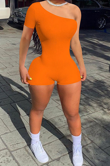 Rib One Shoulder Pure Color Romper Shorts NK241
