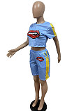 Sexy Women Casual Short Sleeve Printing Sport Fashion Shrots Sets GHH011