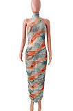 Sexy Women Net Yarn Sleeveless Shirred Detail Printing Long Dress NK235